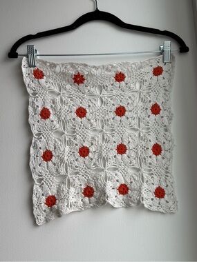 13x13” Crocheted Square Doily White Orange Handmade Vintage MCM Decor